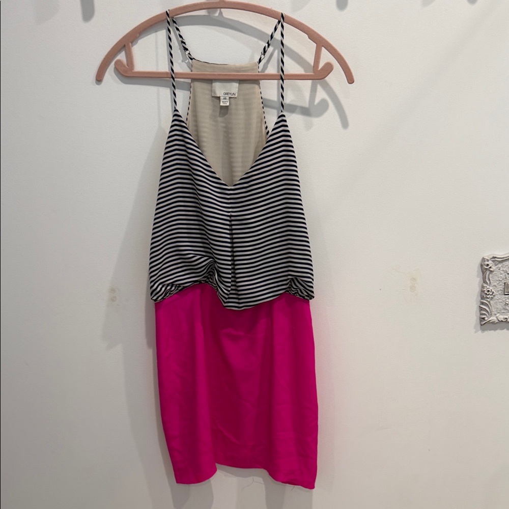 Striped Blue and  White Top with Pink Skirt Dress by Greylin -Silk